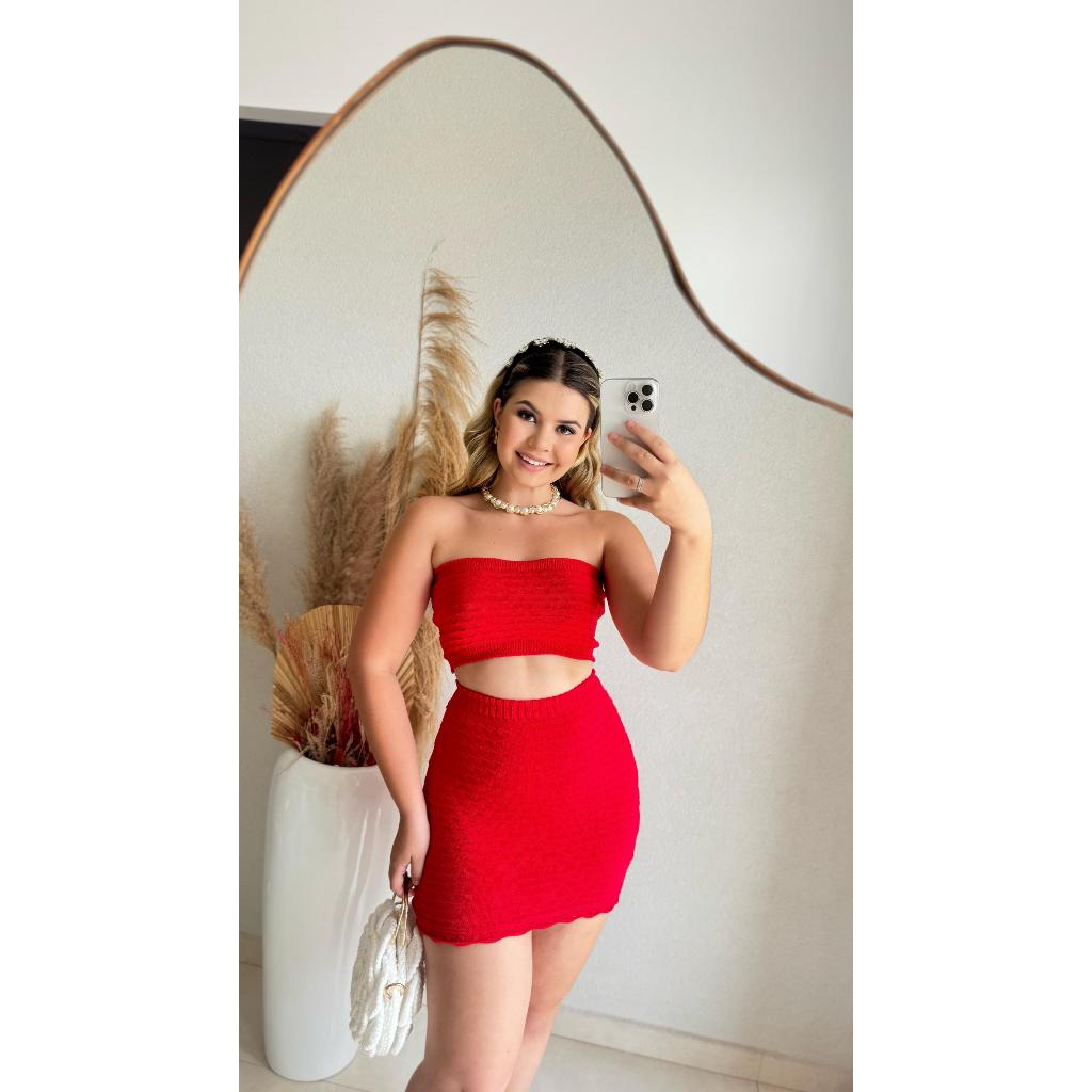 Conjunto Cropped e Saia Básico Tricô Modal Tendência Verão 2024 Emylu Tricot