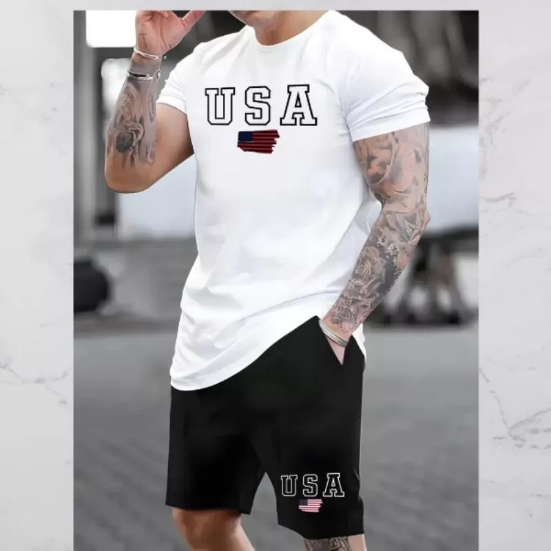 Conjunto Premium de camiseta de algodão e bermuda mauricinho de moletom, casual Basico de verão