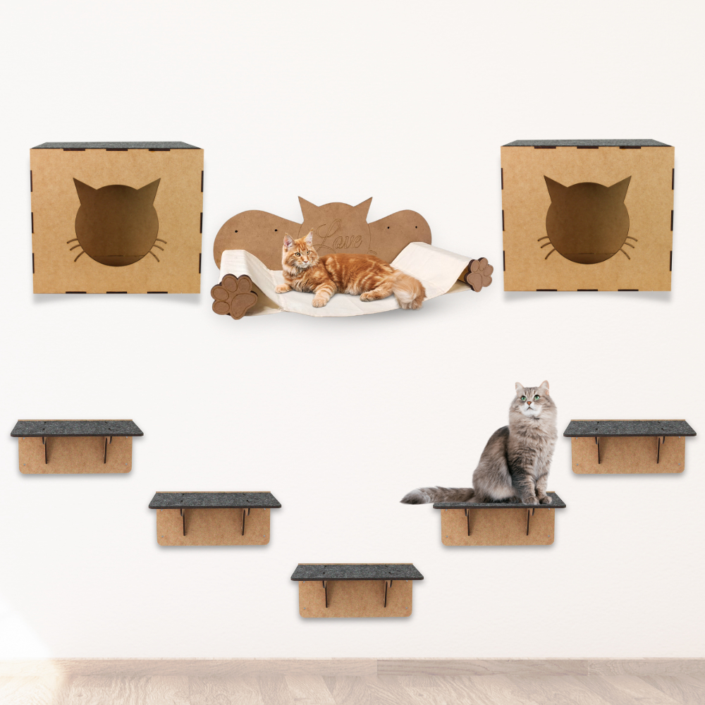Parquinho de Gatos Kit 8 peças em MDF Nicho Rede Prateleiras Brinquedo para Gato Com Carpete