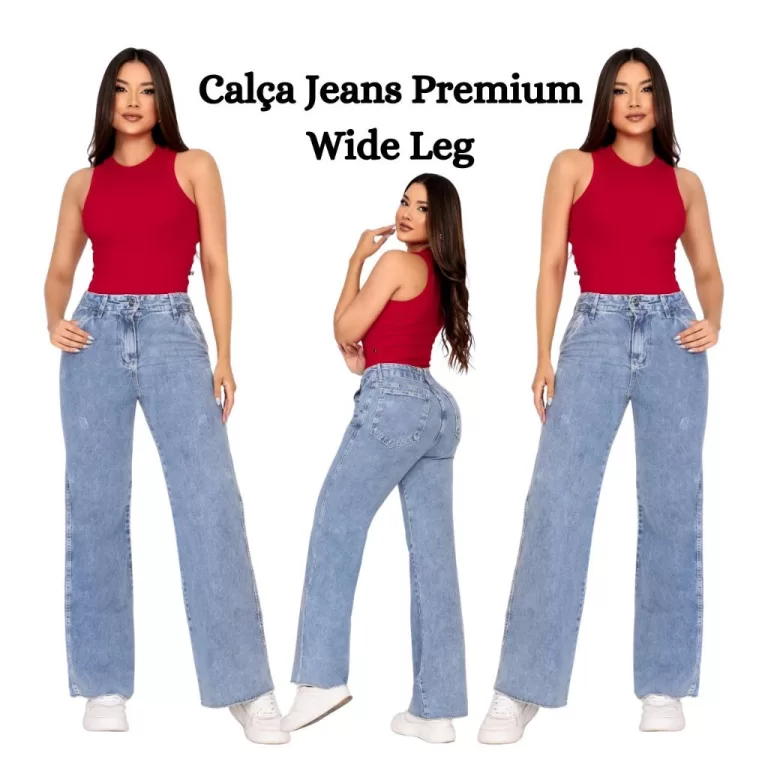 Calça Jeans Feminina Premium Wide Leg Cintura Alt
