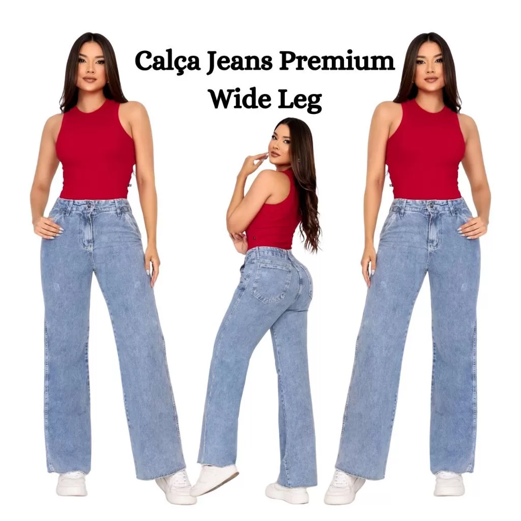Calça Jeans Feminina Premium Wide Leg Cintura Alta Barra Larga flare Modeladora Marmorizada Clara Se