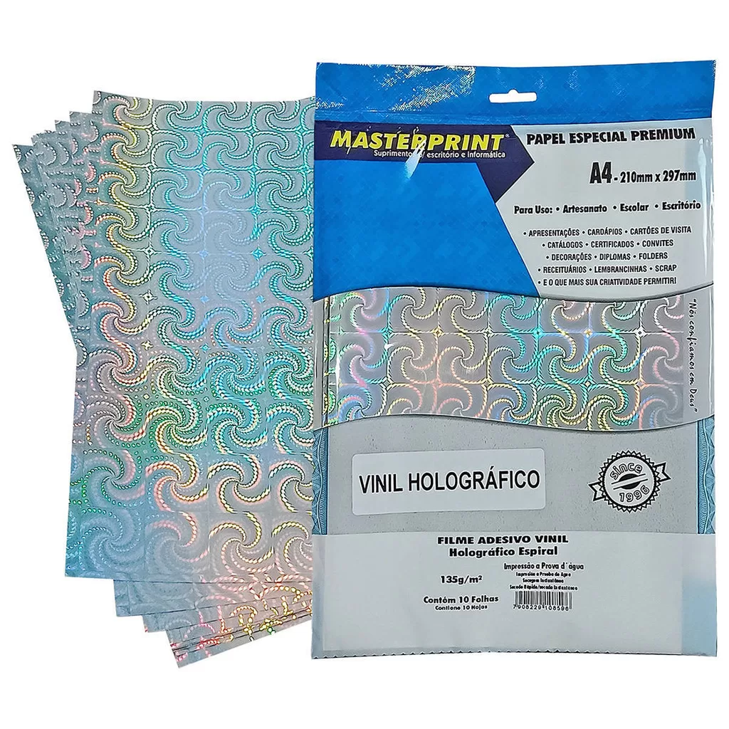 Vinil Adesivo Holográfico Espiral Brilhante A4 135g À Prova DÁgua Filme PVC / 10 Folhas Masterprint