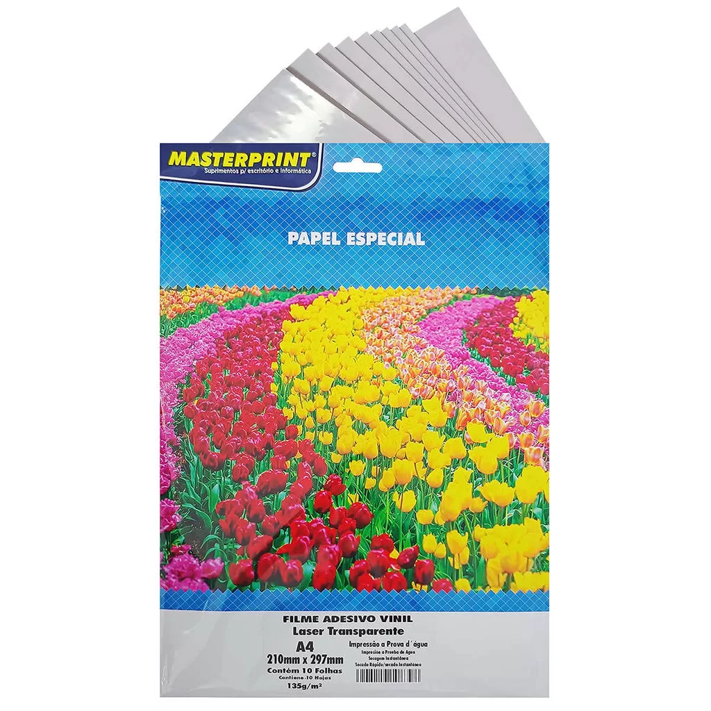 Vinil Adesivo A4 135g Transparente p/ Impressora Laser Glossy  À Prova DÁgua 10 Folhas Masterprint