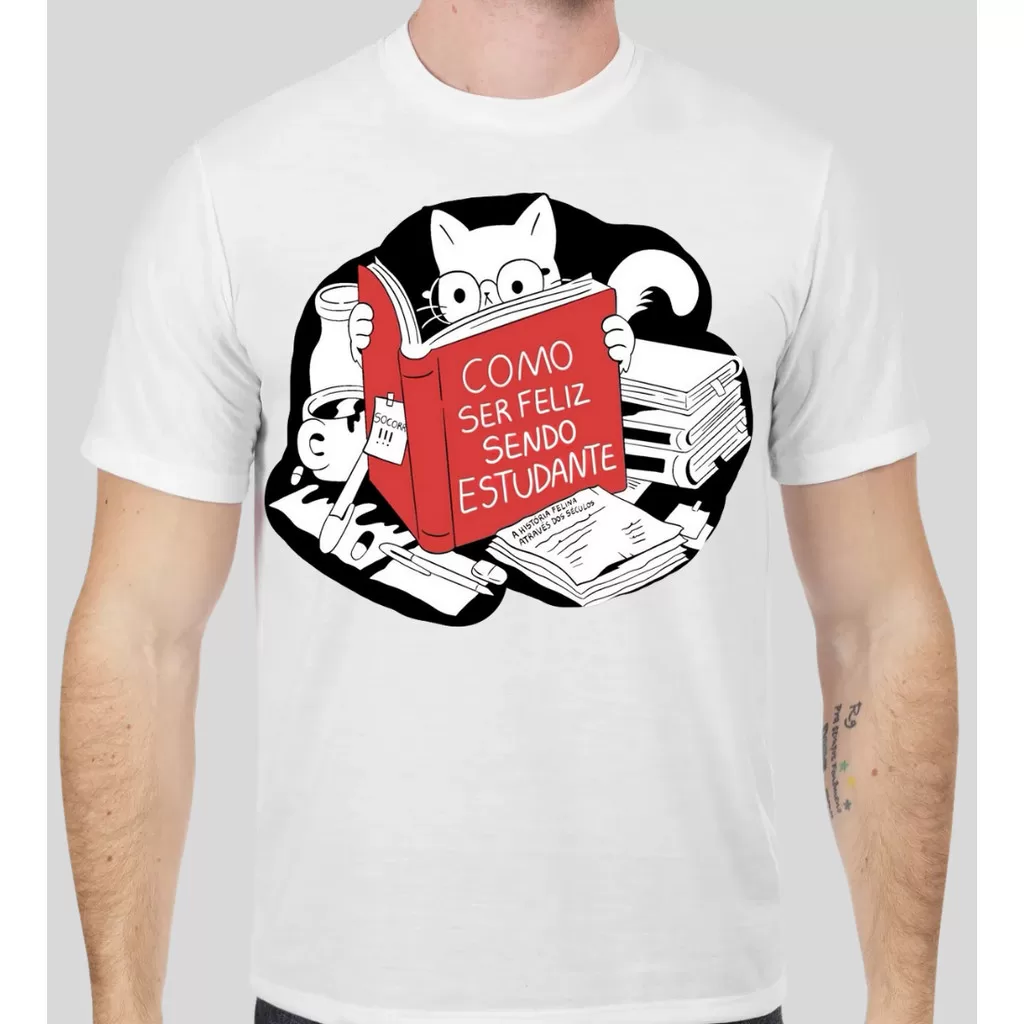 Camiseta Gato Estudante Frase – Como ser feliz sendo estudante – Engraçada, Escola, Faculdade
