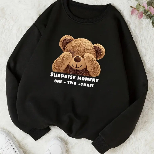 Gola Redonda Feminino Moletom Casual Urso Surprise