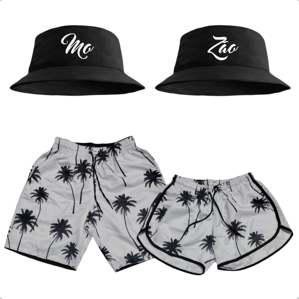 Conjunto Shorts Casais + Kit Casal 2 Chapéis Bucket Hat Moda Praia Dia dos Namorados lançamento