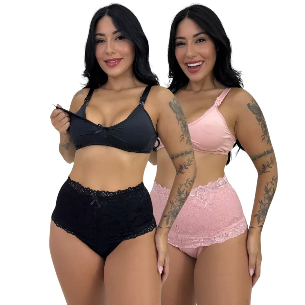 Kit 2 Conjuntos Calcinha Cotton Pós Parto Sutiã Amamentação Microfibra Roupas Maternidade Mamãe