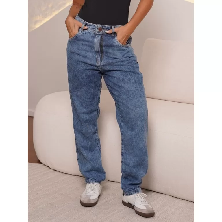 Calça Mom Jeans Feminina Cintura Alta Algodão Bo