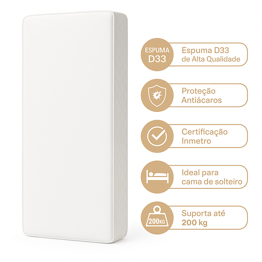 Colchão Solteiro Confortável Espuma D33 Firme 188×88 Cama Ortopedico