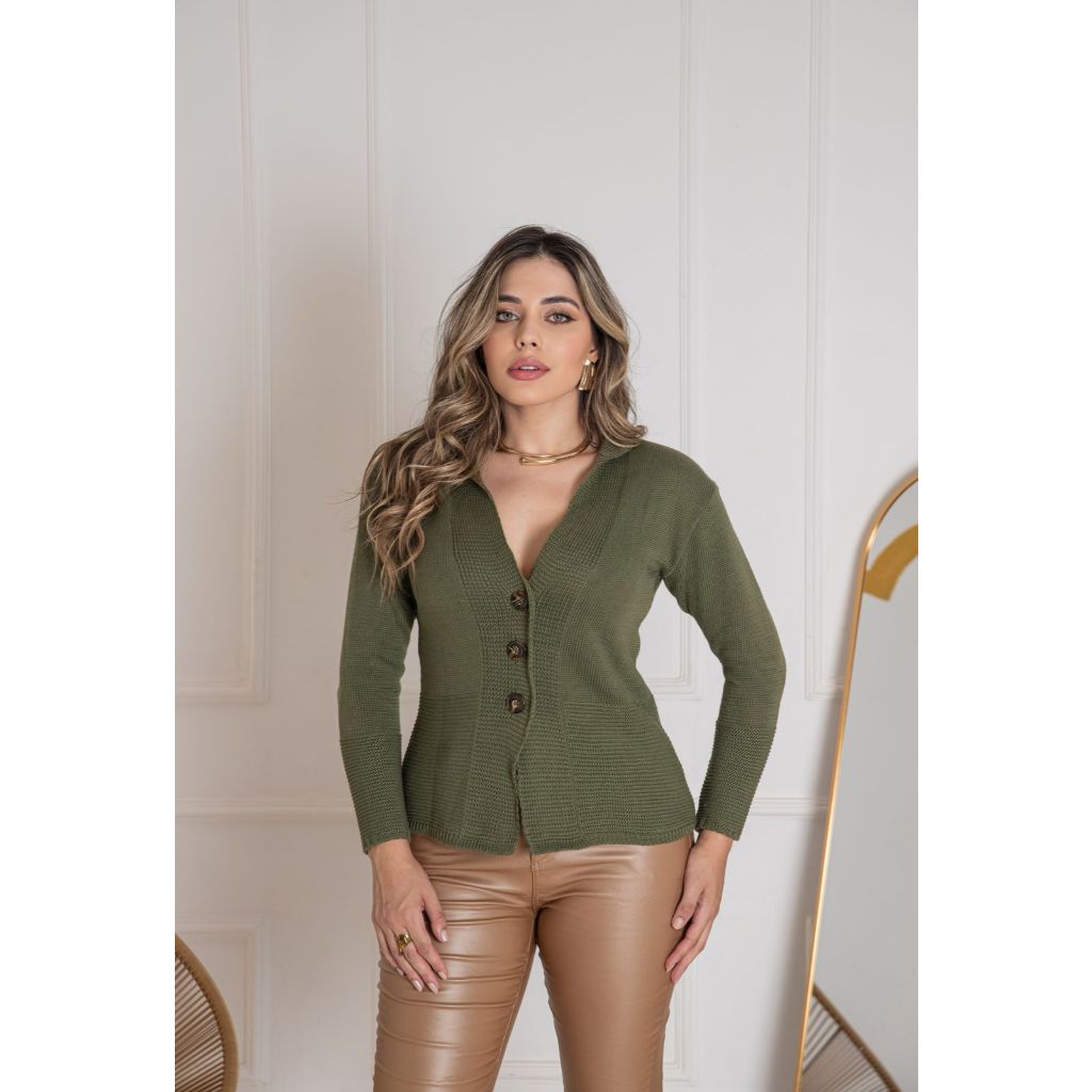 Casaco Tricot Feminino de Frio Manga Longa Aberto com Botões Sofísticado Tendência Moda Inverno