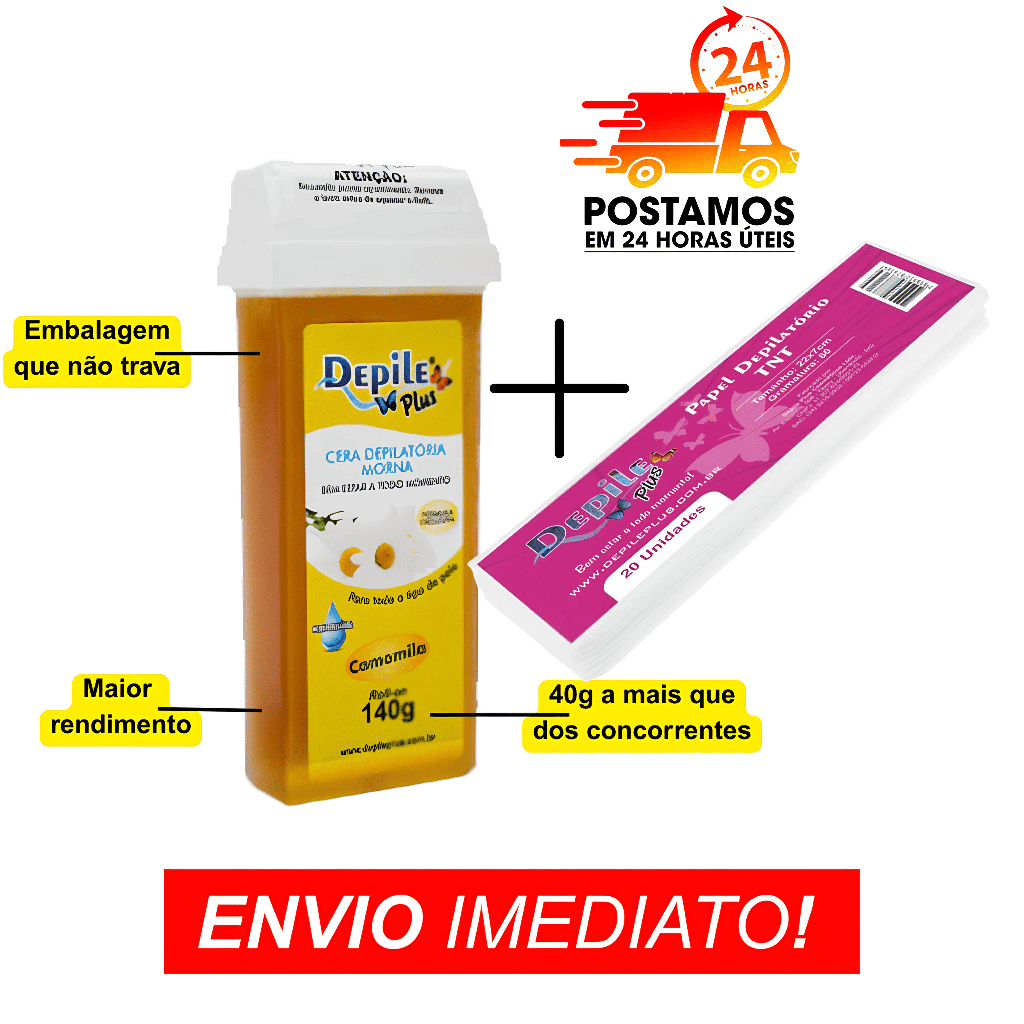 Kit Cera Depilação Hidrossoluvel Roll On 140g + Papel Depilatorio 20 unidades Depile Plus