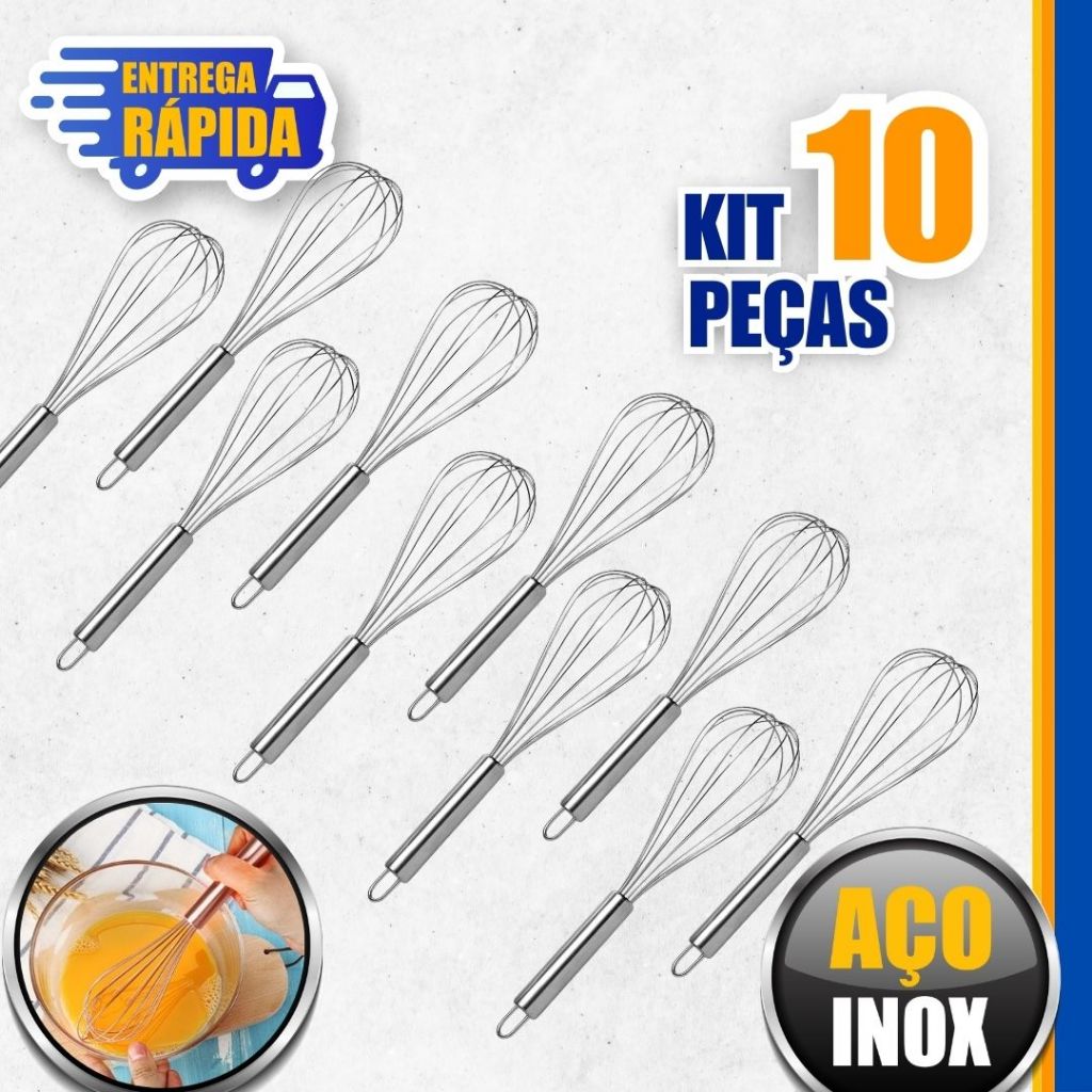 KIT 10 Batedor de Ovo e Massas Em Aço Inox Fouet Fue Profissional o Mixer Manual 30cm