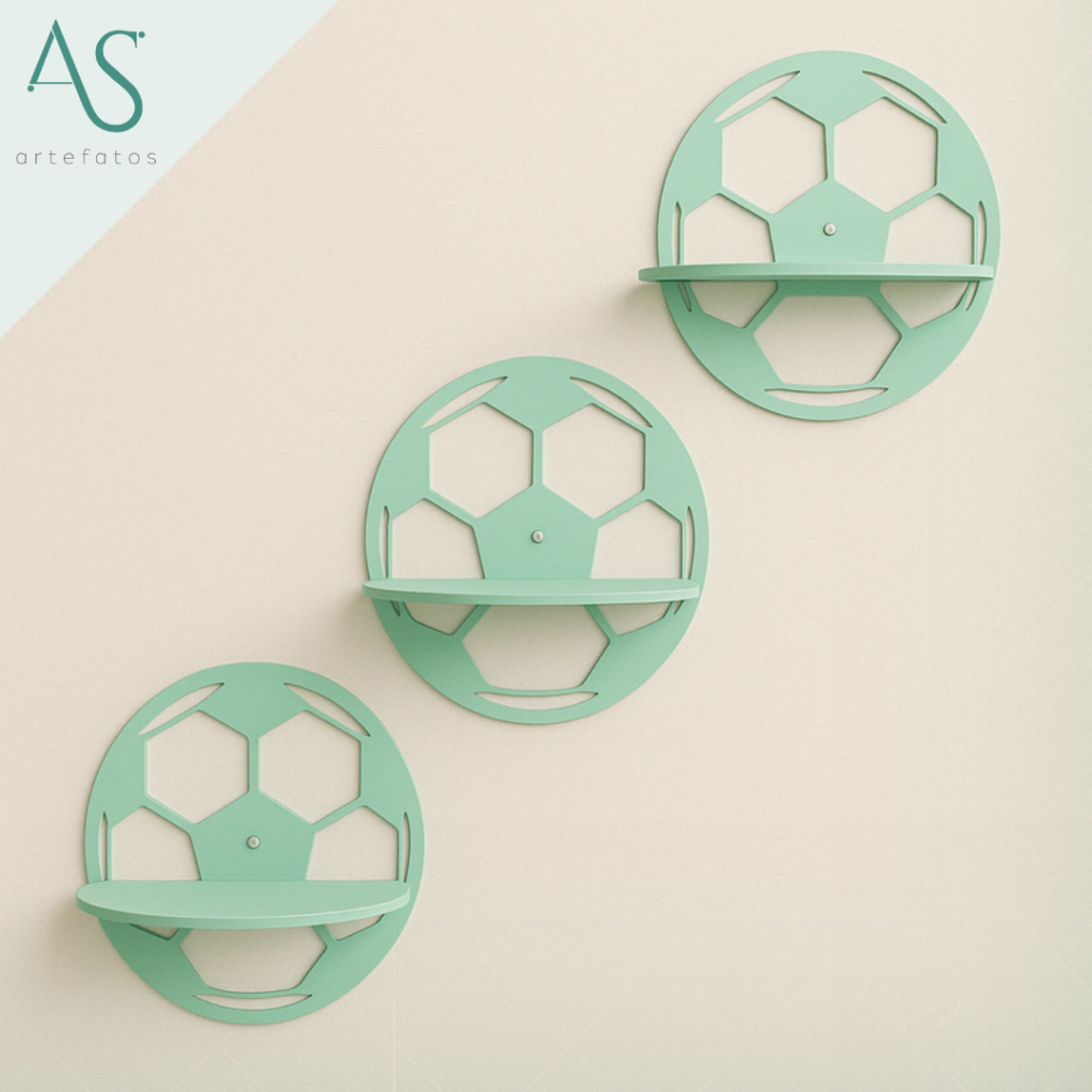 Conjunto de Pratileiras Bola da Futebol Em MDF Decoração Quarto