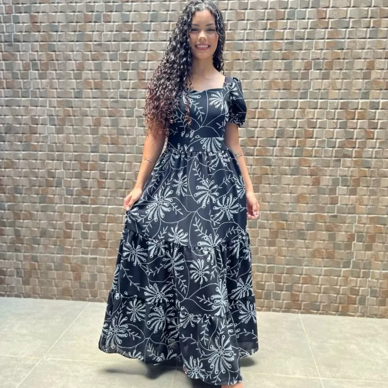 Vestido Feminina Longo Helena Com Manga Princesa c