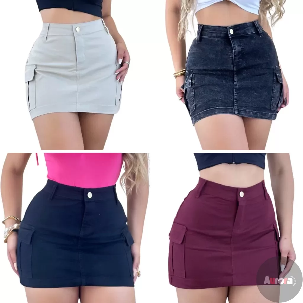 Saia Jeans Feminina Cargo Cintura Alta com Lycra, Aurora Confecções