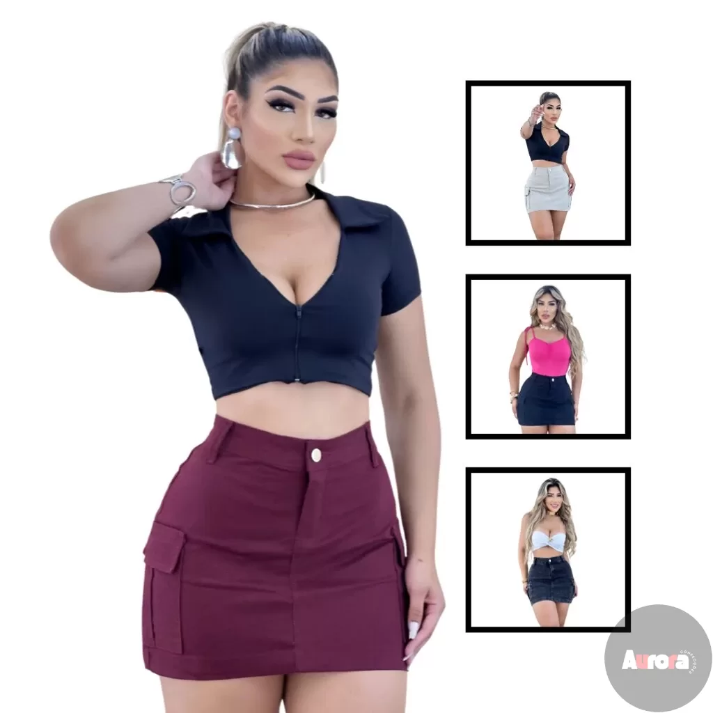 Kit 2 Saias Jeans Feminina Cargo Cintura Alta Diversas Cores, Aurora Confecções
