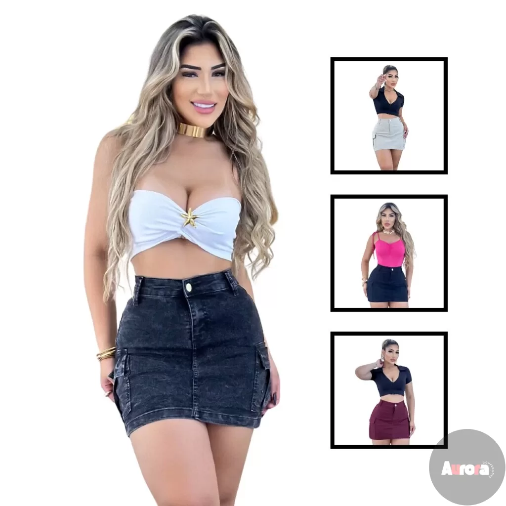 Kit 3 Saias Jeans Feminina Cargo Cintura Alta Diversas Cores, Aurora Confecções