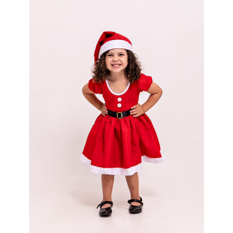 Fantasia Natal Vestido Tactel Infantil Gorro Cinto