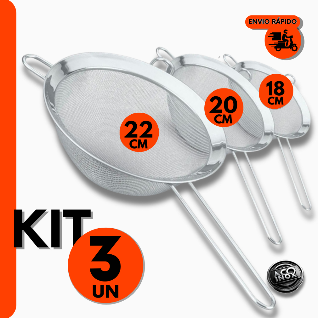 Kit Peneiras em Aço Profissional P/ Confeiteiros e Cozinheiros P/ Restaurantes e Cozinha e Padaria