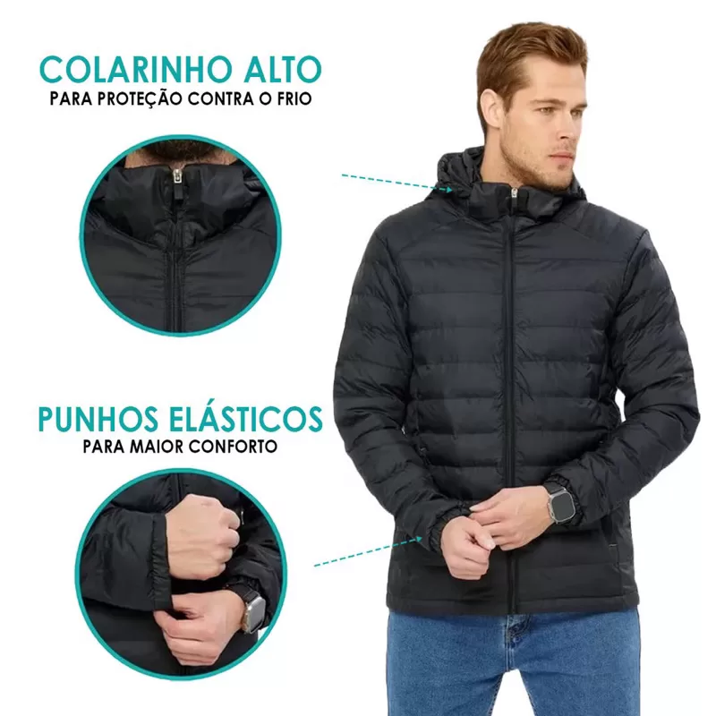 Jaqueta Puffer Bobojaco Impermeável de Frio Intenso Blusa Masculina Inverno com Capuz Removível