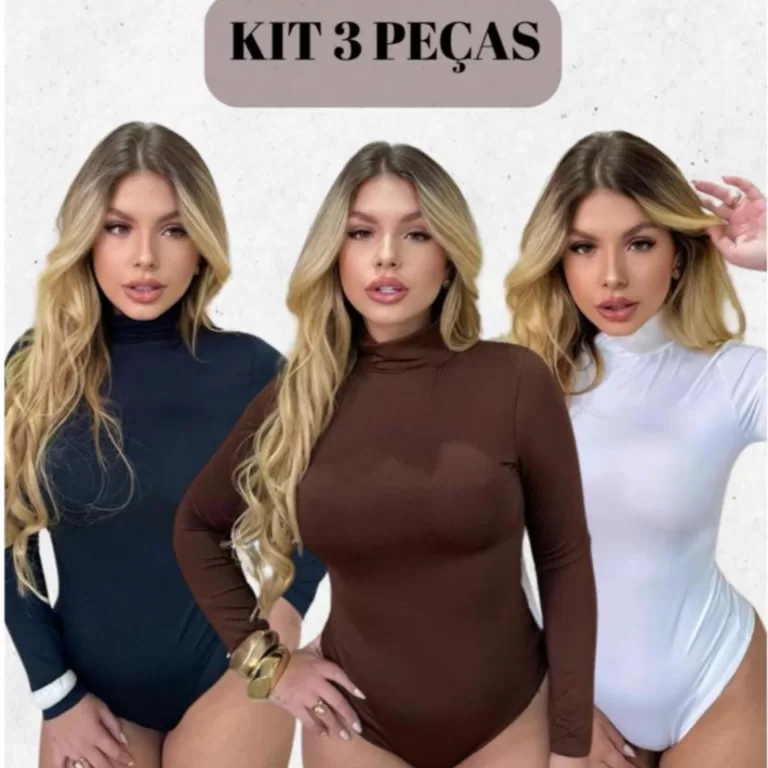 Kit 3 Body Feminino Gola Alta Manga Longa Suplex I