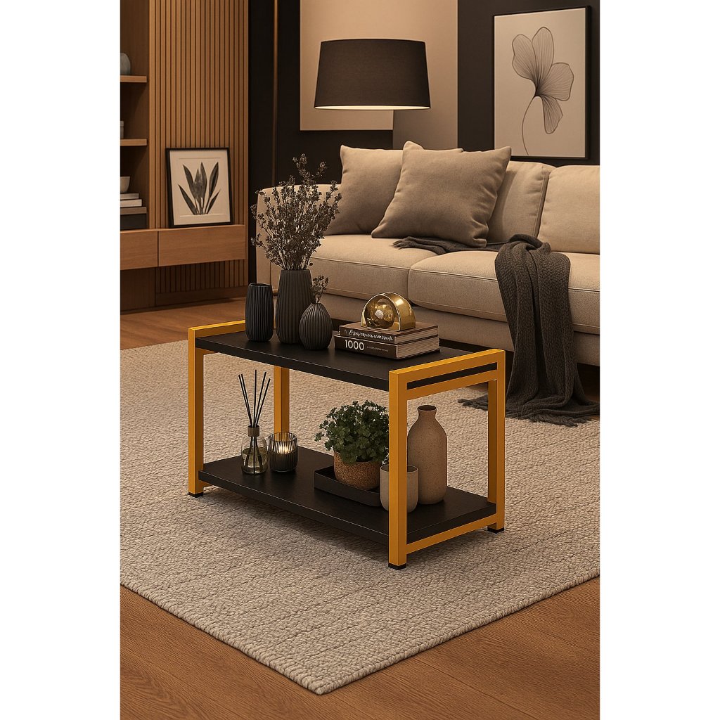 Mesa de Centro Mesinha de Canto Sala de Estar Moderna Retangular 68 cm Preta/Dourada