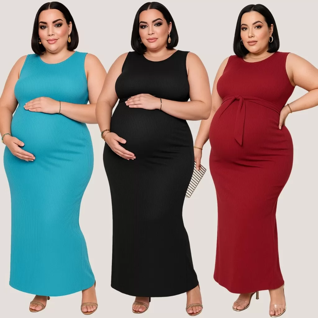 Vestido Feminino Regata Longo Plus Size para Maternidade Canelado Leve e Confortavél Moda Feminina G