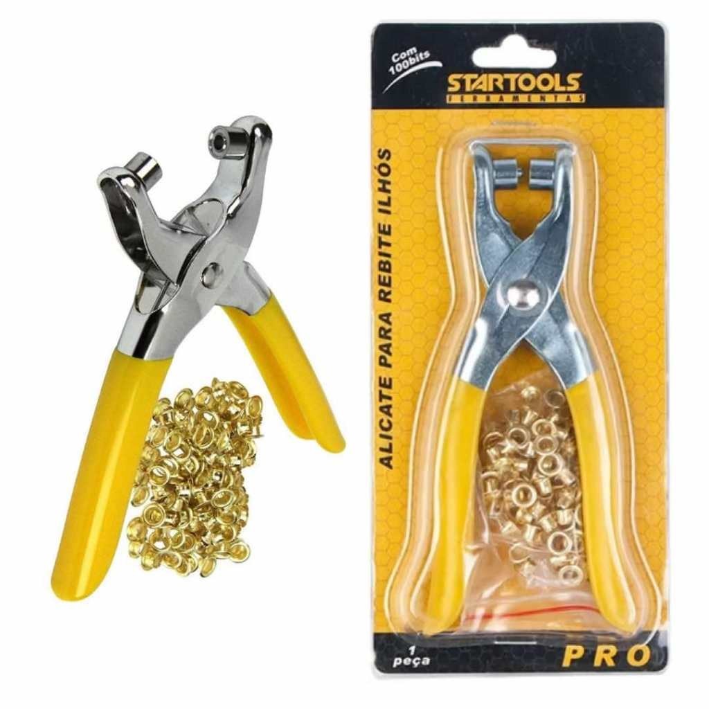 Alicate para colocar Ilhós + 100 Ilhoses Dourados ideal para Artesanato Papelaria em geral