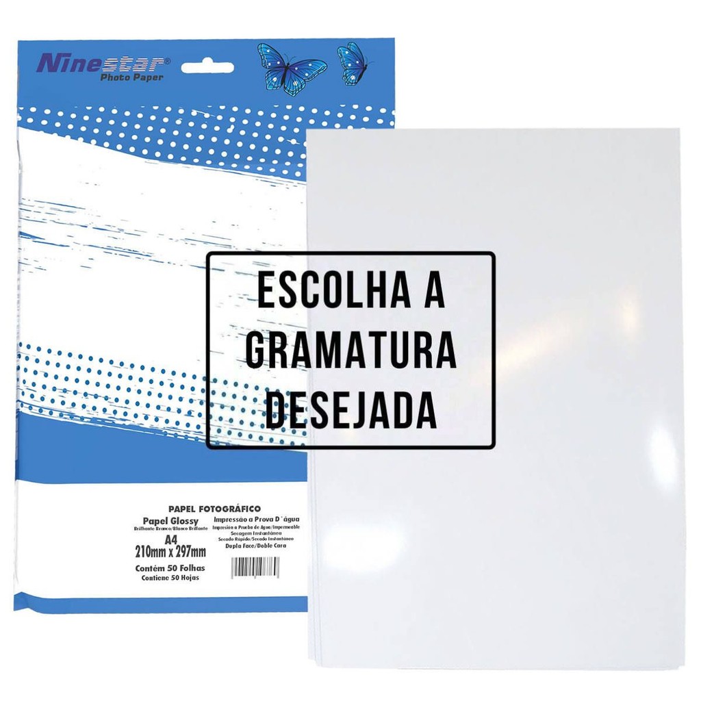 Papel Dupla Face Fotográfico Glossy A4 Branco Brilhante com 50 folhas Ninestar 120g / 180g / 220g