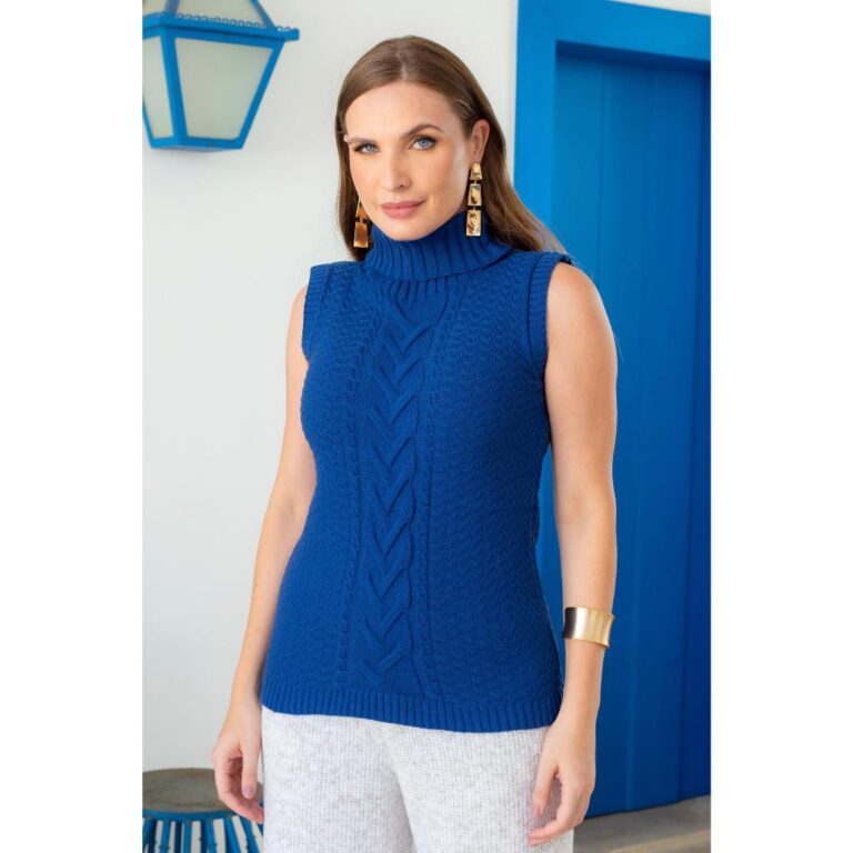 Colete de Tricot Feminino Lã Gola Alta Detalhado 