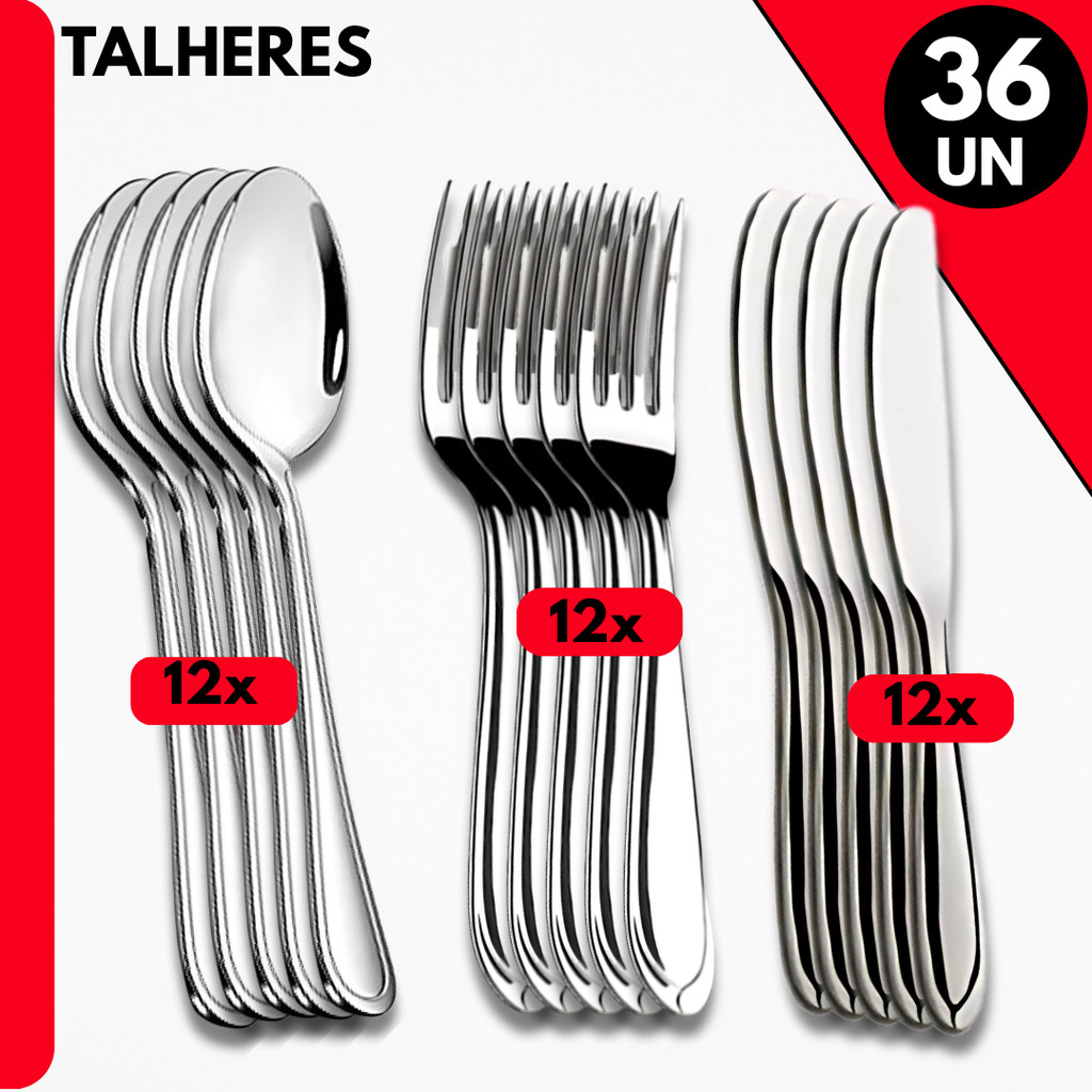 Kit 36 Talheres Inox – Colheres, Garfos e Facas para Jantar, Bares, Restaurante e Buffet