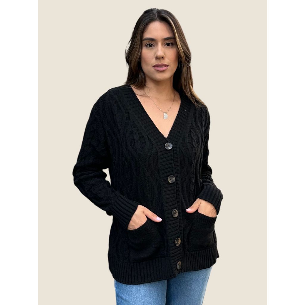 Blusa Casaco com Bolso Fechamento com Botão em Tricot Nagai