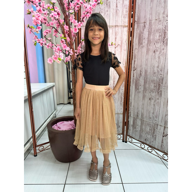 Saia Infantil Nude e Champanhe de Tule com Glitter  Moda Evangélica  6 a 14 Anos