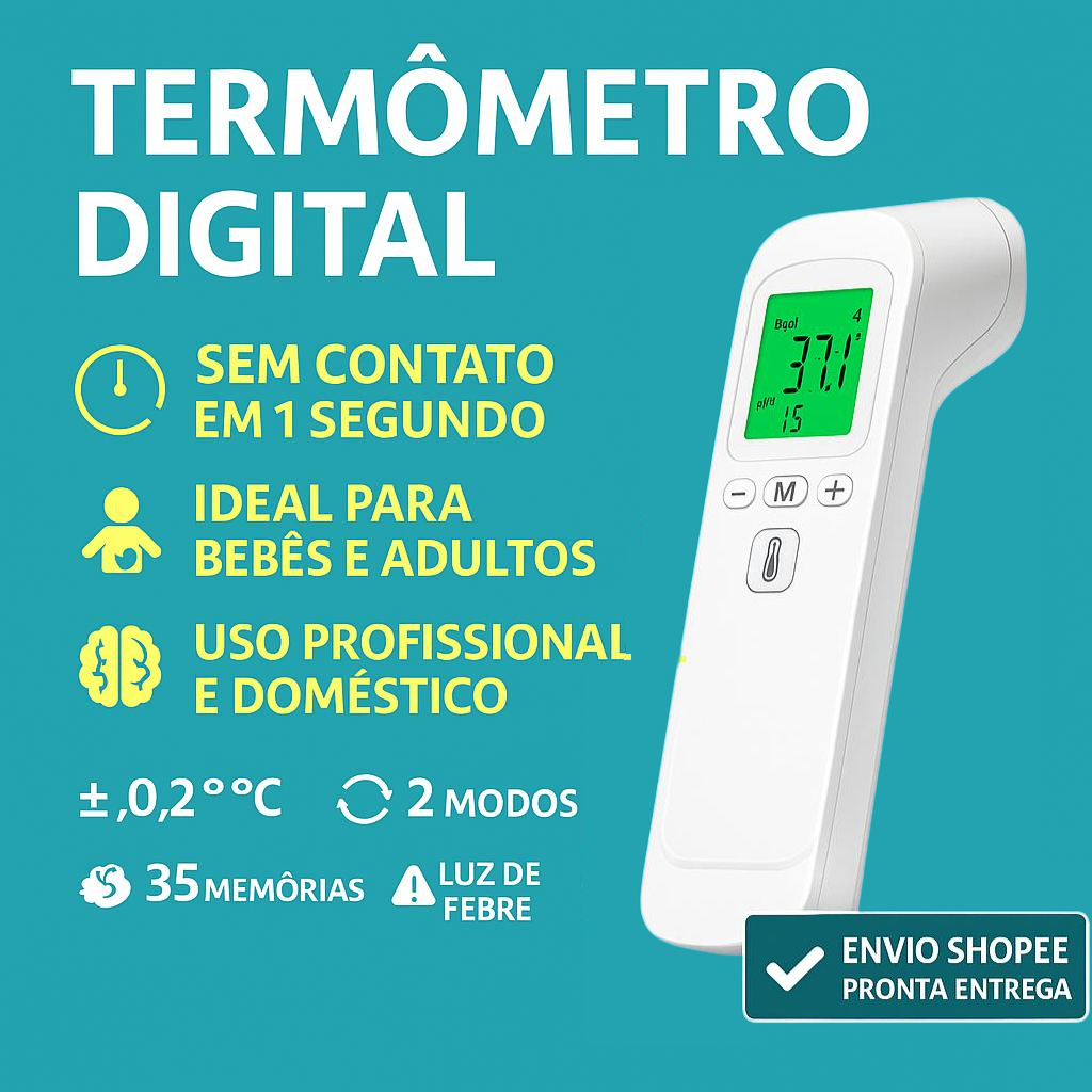 Termômetro Digital Infravermelho Corporal Testa + Temperatura Superfície Sem Contato Adulto e Bebê