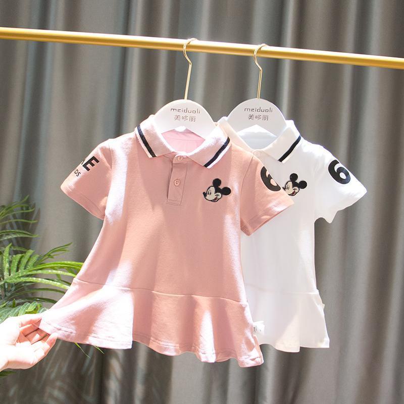 Vestido De Verão Para Meninas Bebê Lovely Cartoon Mickey Manga Curta POLO Camiseta Lapela Casual 1-6