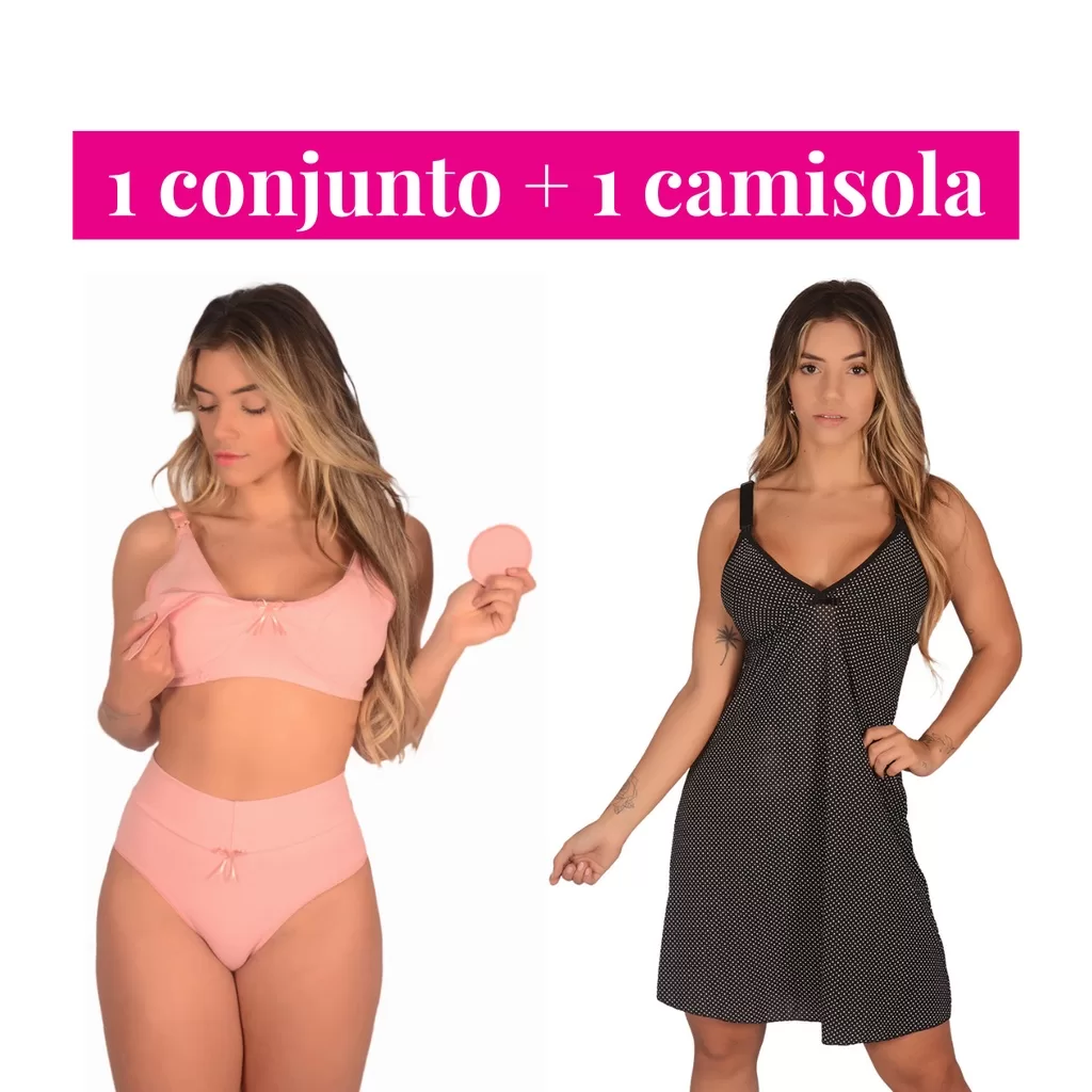 Kit 1 Camisola + 1 Conjunto (Sutiã de Amamentação + Calcinha Pós Parto Cós Alto) Maternidade para A