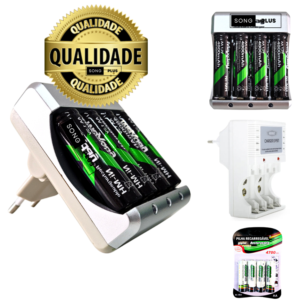 Carregador com Pilhas Recarregáveis AA / AAA / Bateria