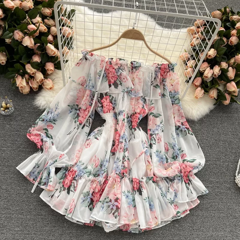 Moda Feminina Vintage Slim Impressão Chiffon Manga Longa Ruffle Hem Jumpsuit Summer One Line Neck Se