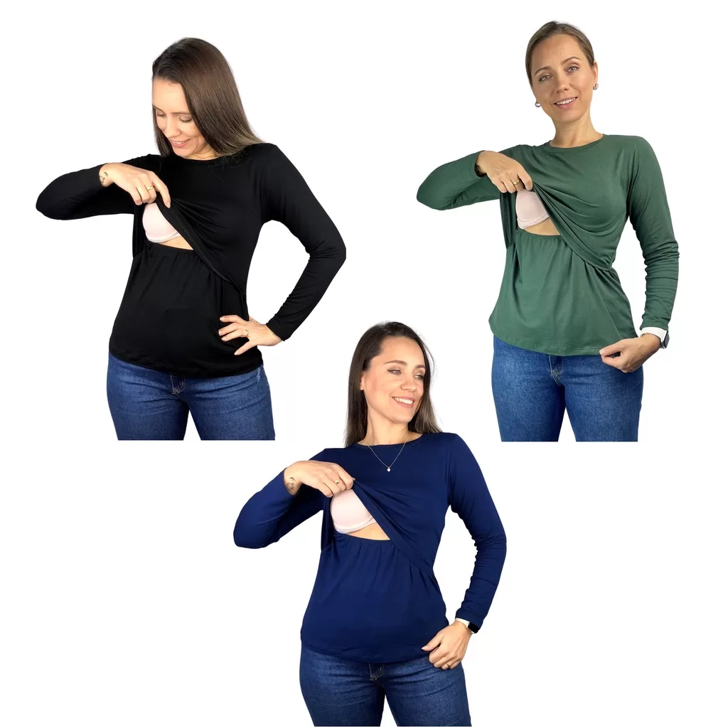 Kit 3 Blusa Amamentação Diversas Cores Viscolycra Premium Camiseta Manga Longa Gestante Maternidade