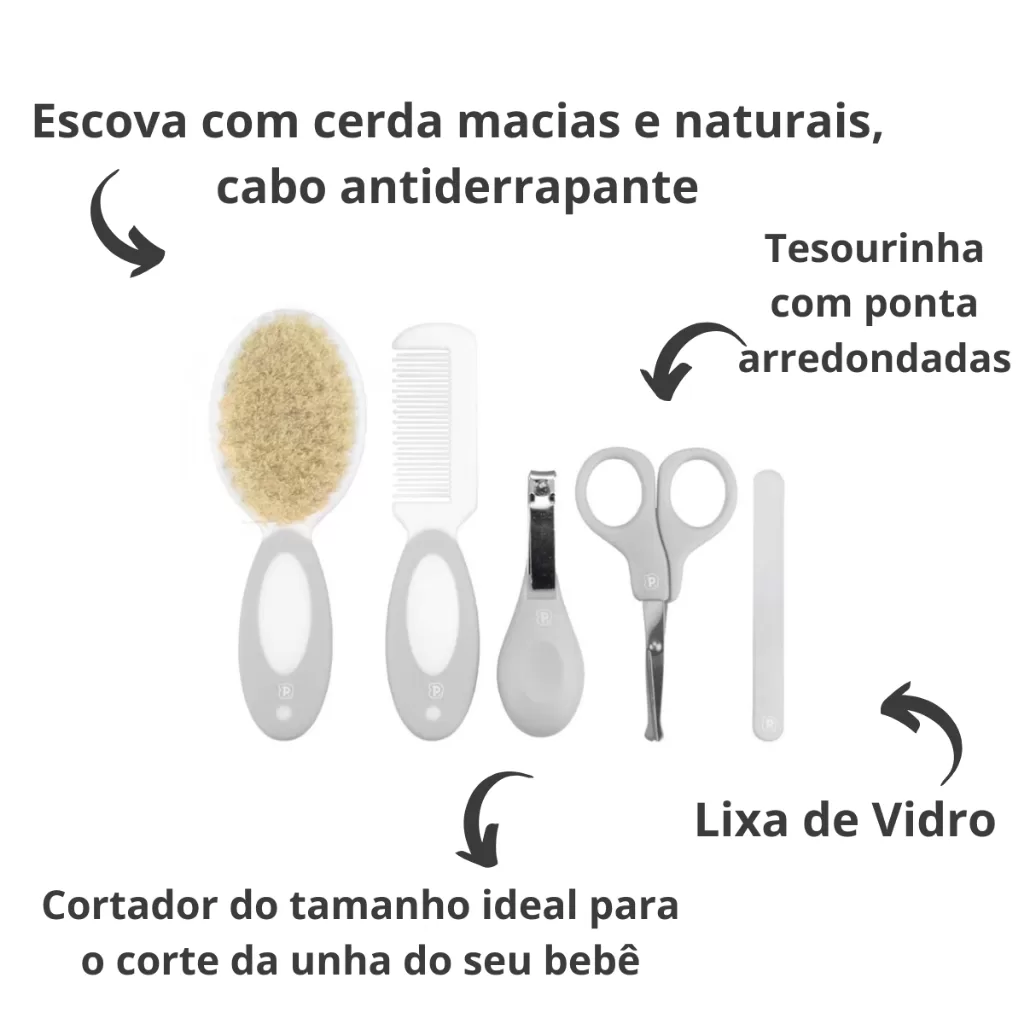 Kit Cuidados Para bebê Com 5 Peças – Tesourinha, lixa, cortador, pente e escova com Cerdas Naturais
