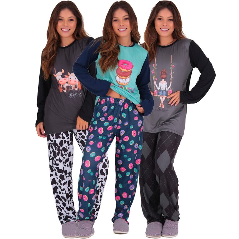 Kit 3 Pijamas Manga Longa Felpado Suede Moda Femin