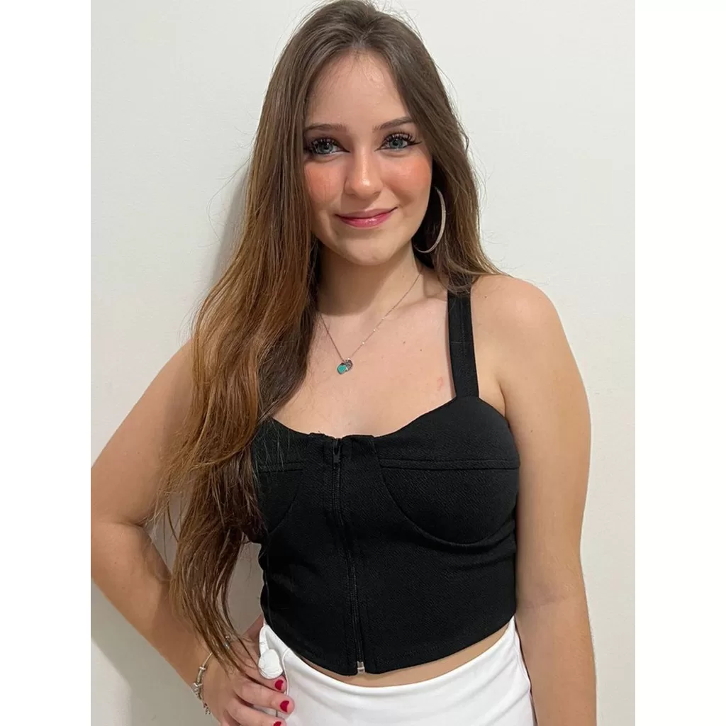 Cropped Tiffany Zíper frontal Com Bojo Regata Crepe Feminino