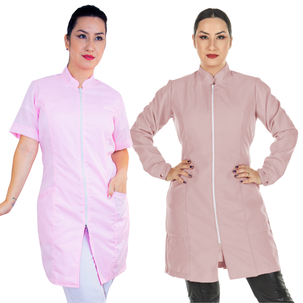 KIT 2 Jaleco Feminino Oxford Ziper Manga Curta Manga Longa Rosa Bebê Claro Acinturado Dentista Estet
