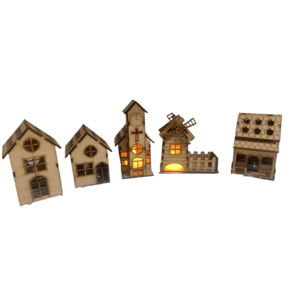 kit 5 casinha em mdf com e sem luminaria, maquete, pequeno diorama