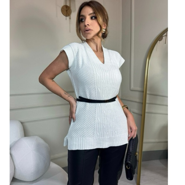 Colete Blusa Tricot Detalhes Feminino Acinturado D