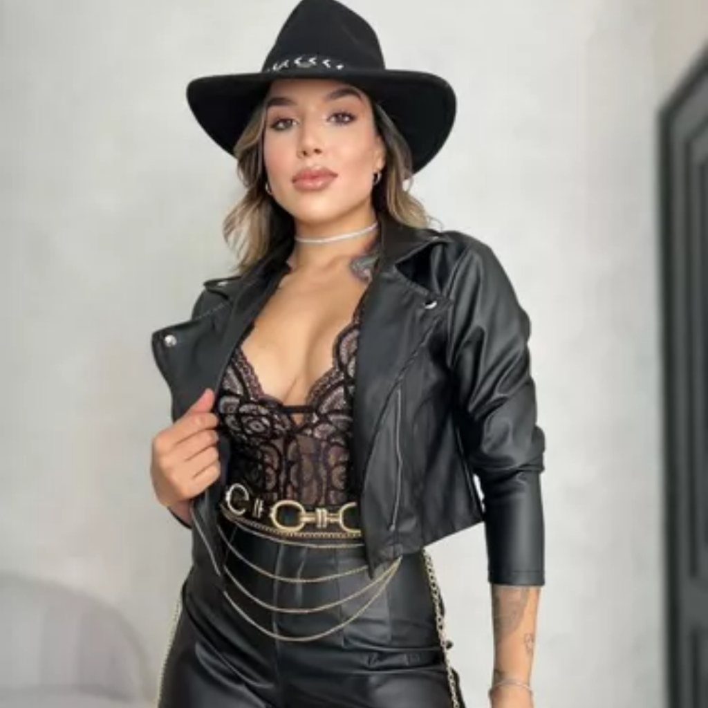 Blusa Jaqueta Couro Ecológico Feminina Jaqueta com Zíper e Bolso Lateral Fake Jaquetinha Feminina Co