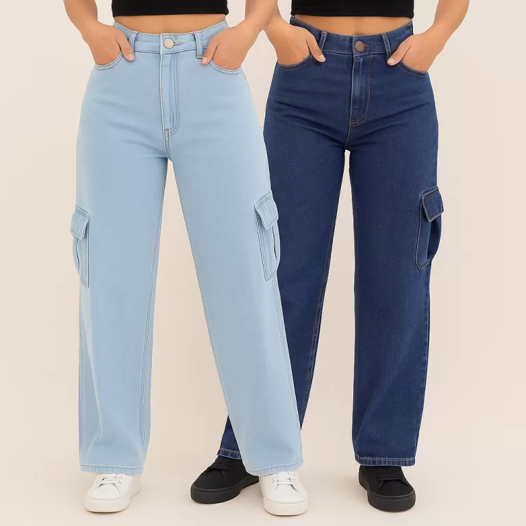 Kit Calça Jeans Cargo Feminina Wide Leg Pantalona