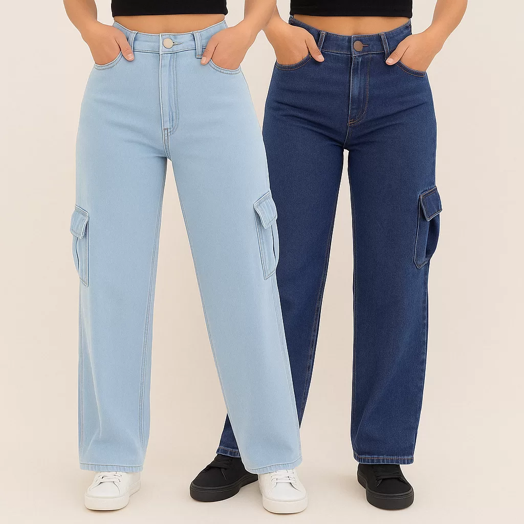 Kit Calça Jeans Cargo Feminina Wide Leg Pantalona Original + 5 Cores 10 ao 44