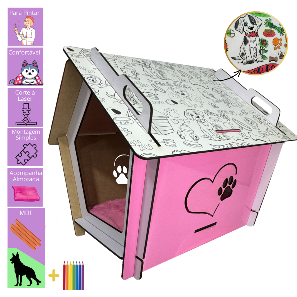 Casinha Cachorro Cama Mdf Almofada Pet Pelucia para Colorir