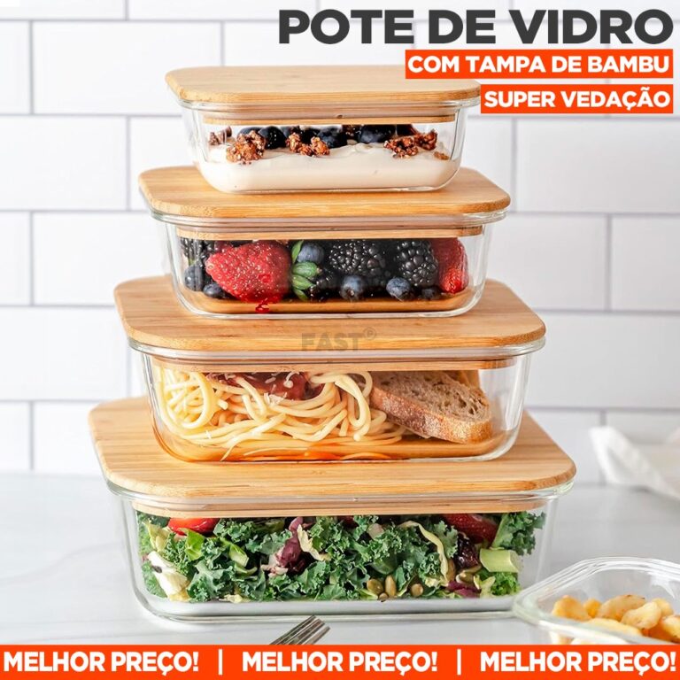 Kit 3 Potes de Vidro Com Tampa de Bambu Porta Mant